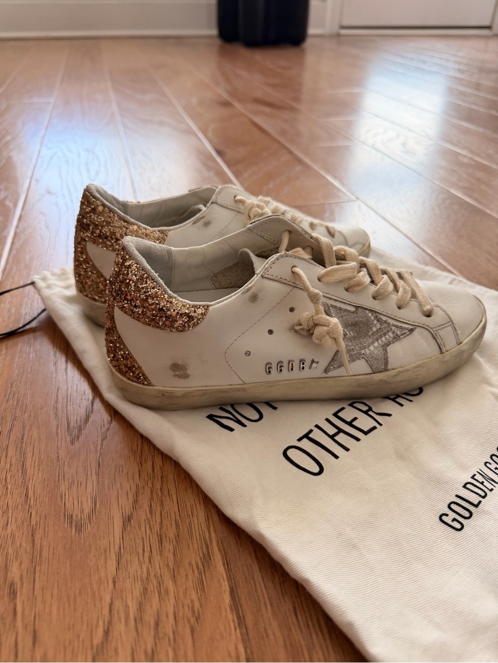 Golden Goose Superstar White Sneakers with Silver Star and Gold Glitter
